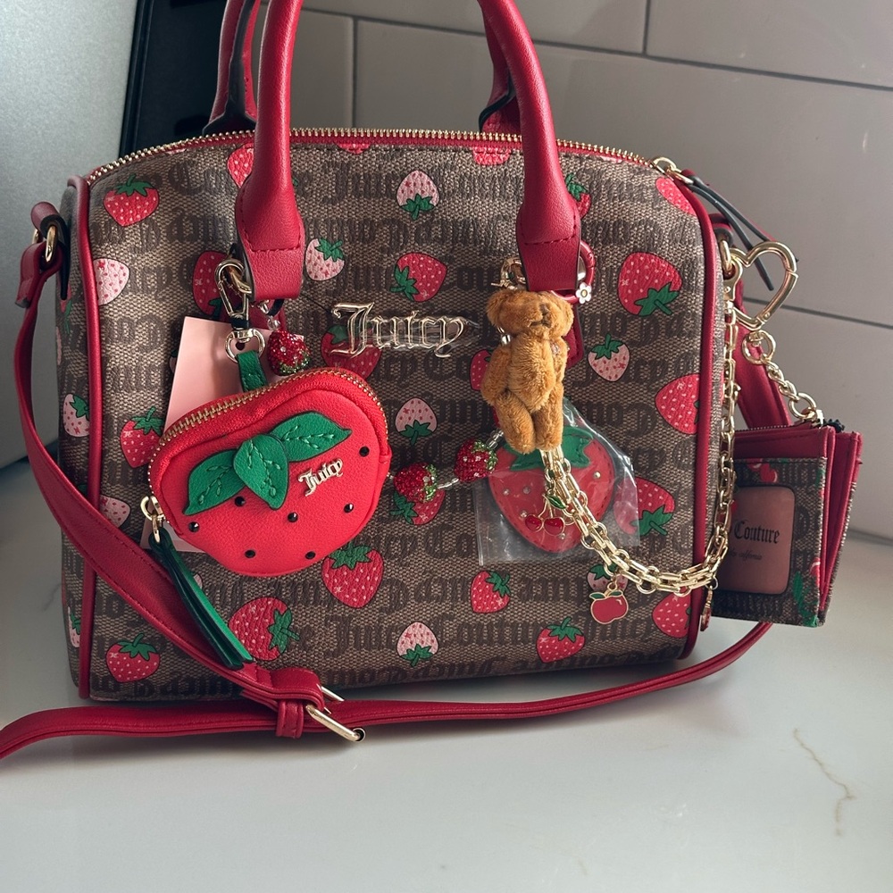 Juicy Couture Strawberry Print Satchel in Red and Brown